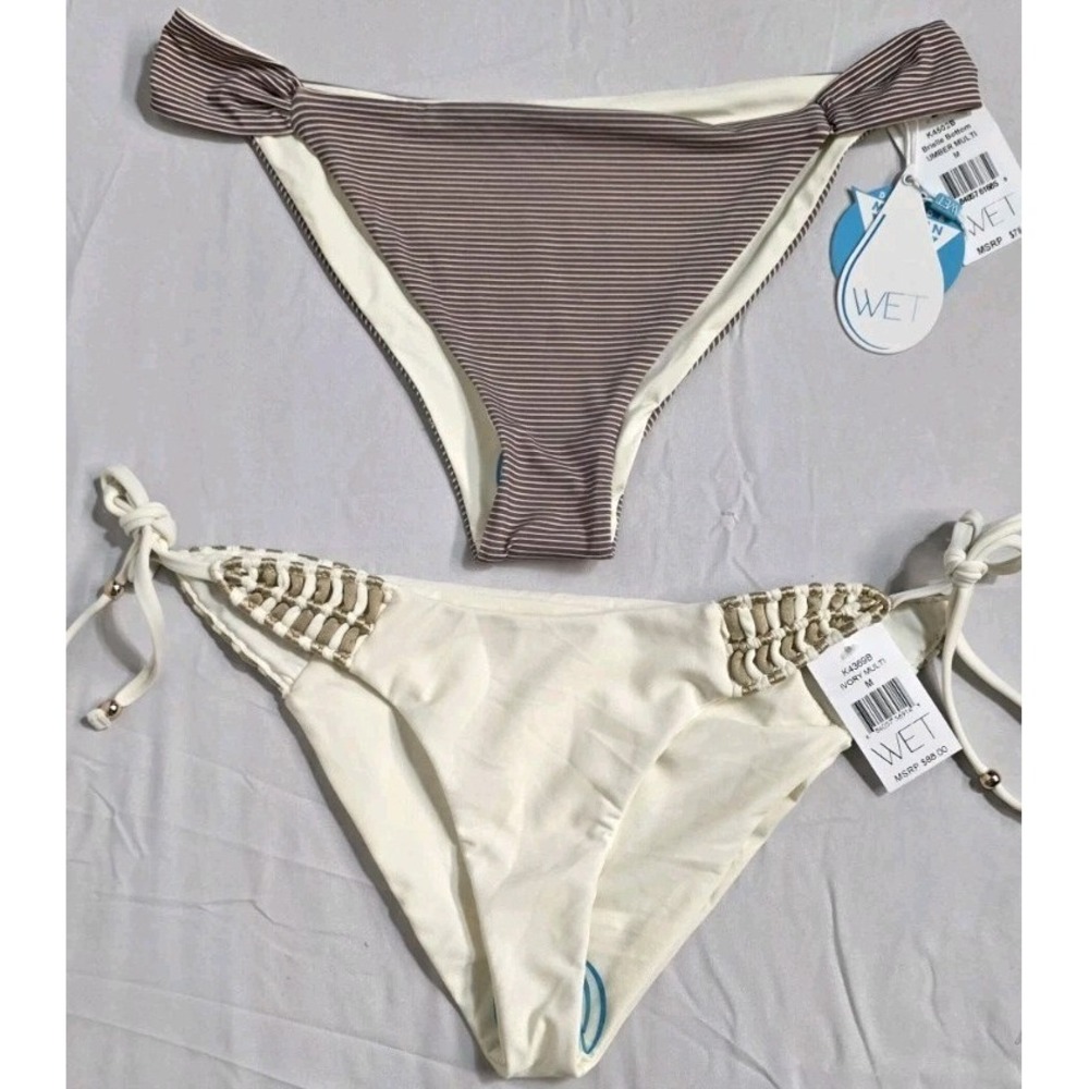WET Swimwear Bikini Bottoms‎ Tie Stripe Brown Ivory Detail Womans Sz M Beach NEW